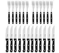 Russell Hobbs Lot de 24 couteaux à steak et fourchettes - service pour 6, fourchettes et couteaux à steak tranchants avec lames en acier inoxydable dentelées, manches ergonomiques, noir
