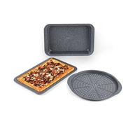 Russell Hobbs Metallic Marble Ensemble de Cuisson 3 Pièces - Plaque de Four Antiadhésive, Plateau à Pizza Rond, Moule à Rôtir Carré, Acier au Carbone, Résistant au Four jusqu’à 220°C, Gris