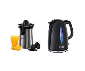 Russell Hobbs Presse Agrumes Electrique, 2 Sens Rotation, 2 Cônes Interchangeables, Jus de Fruit Frais Rapide - Inox 22760-56 & Bouilloire 1,7L, Ebullition Ultra Rapide - Noir 22591-70 Texture