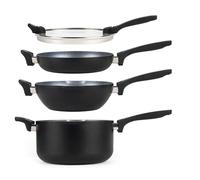 Russell Hobbs RH01840 4 Pièces Batterie de Cuisine Antiadhésifs, Design Empilables Peu Encombrant, 24cm, Comprise Casserole Wok Poêle à Frire et un Couvercle, Compatibles Induction, Facile à Nettoyer