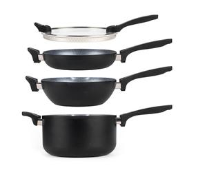 Russell Hobbs RH01840 4 Pièces Batterie de Cuisine Antiadhésifs, Design Empilables Peu Encombrant, 24cm, Comprise Casserole Wok Poêle à Frire et un Couvercle, Compatibles Induction, Facile à Nettoyer