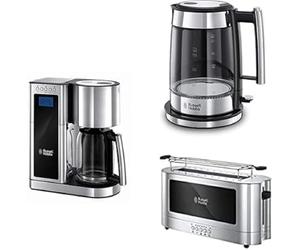 Russell Hobbs Set Petit-déjeuner Cafetière (1,25 L et 1600 W ) + Bouilloire (en verre de 1,7 L et 2400 W) + Grille pain (Fentes extra larges) Elegance