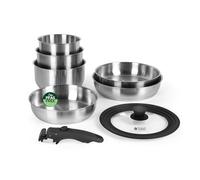 Russell Hobbs Batterie de cuisine 8 pièces - Poêles à frire 20/24/28 cm, Casseroles 16/18/20 cm, Couvercle en verre, Acier inoxydable, Manche amovible, Empilable, Sans PFAS/PFOA, Compatible four