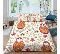 Russian Dolls Linge de Lit 3 pièces 3D Effet Microfibre résistante Folk Art Motif de Design Ensemble De Literie avec Taie d'oreiller Entretien Facile for Chambre de Adolescents Double（200x200cm）