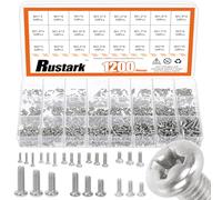 Rustark Assortiment de 1200 vis à métaux cruciformes argentées à tête cylindrique en acier au carbone - 24 tailles - Vis entièrement filetées - Vis métriques pour réparation d'équipements