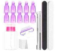 Rustark Kit de 17 outils pour enlever les ongles en gel avec clips violets pour les mains, flacon pompe à dissolvant, repousse-cuticules, raclette, tampons en coton, limes, bloc polissoir, brosse