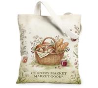 Rustic Country Market Sac fourre-tout en toile osier 33 x 38 cm | Illustration de panier en osier, champignons sauvages, pain artisanal, fleurs sauvages des prés, esthétique rustique