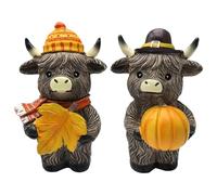 Rustic Cow Figurine Set - 2 Pack Highland Cattle Decoration, Farmhouse Autumn Harvest Ornament, Cute Animal Desktop Decor | Living Room Dining Table Shelf Mantel Use For Thanksgiving Fall Home Decorat