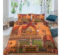 Rustic Farm scène Ensemble De Literie Microfibre Hypoallergique 3 Pièces 3D Effet Respirante Pixel Art Village Parure de Lit avec Fermeture Éclair Douce for Chambre Adulte Single（135x200cm）
