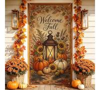 Rustic Harvest Welcome Fall Citation Pumpkins Autumn Door Covers 91,4 x | Motif lanterne rustique, toile de fond de porte d'entrée, motif récolte abondante, lettrage élégant, décoration de porte