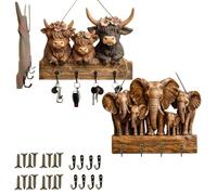 Rustic Highland Cow Wooden Family Key Holder, Three Adorable Cows Keys Decorative Rack, Farmhouse Wall Mount Bullhead Animal Key Hooks with 4 Metal Hooks for Entryway,Hallway,Home Gift