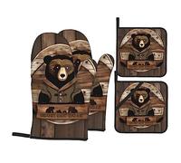 Rustic Lodge Bear. Cet ensemble unique de gants de cuisine et maniques imprimés est une combinaison attrayante, en polyester résistant à l'eau et en tissu isolant thermique.