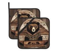 Rustic Lodge Bear Lot de 2 dessous de plat carrés en silicone résistants à la chaleur pour plats chauds, gants de cuisine de rechange avec boucle de suspension
