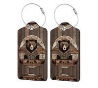 Rustic Lodge Bear Lot de 2 étiquettes de voyage en cuir PU pour configurer l'étiquette de bagage à main Noir