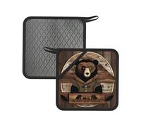 Rustic Lodge Bear Tapis chaud carré en silicone imprimé (18 cm) - Convient pour poêles, fours, grills, tables de cuisine