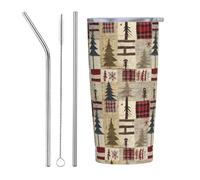 Rustic Plaid Forest Lodge Joli gobelet avec couvercle et paille, gobelet isotherme en acier inoxydable de 591 ml, tasse à café de voyage personnalisée