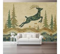 Rustique & Naturel Papier Peint Panoramique, 300 x 210 cm Fresque Murale | Patchwork Animaux Cerf Vagues Arbres Papier Peint Intissé, Décoration Image Murale Pour Salon Chambre Bureau TV Artistique