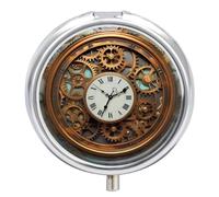 Rusty Steampunk Horloge Pilulier 3 compartiments avec miroir pour sac à main et poche Organiseur de médicaments de voyage Conteneur de médicaments quotidien Boîte à médicaments Portable Boîte à