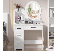 Rutaqian Coiffeuse avec Miroir et Tabouret, Éclairage LED à Trois Modes et Luminosité Réglable, Coiffeuse avec Miroir, Quatre Tiroirs et Six étagères