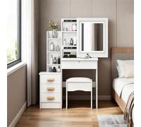 Rutaqian Coiffeuse avec Miroir et Tabouret, Luminosité Réglable Coiffeuse avec Miroir LED, Quatre Tiroirs et Quatre étagères