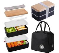 Ruucy Bento Lunch Box avec Sac Isotherme, 1400ml 2 Couches Boite Repas Compartiment pour Adulte et Enfant, Micro Onde, Hermétique Boîtes Bento pour Travail École Pique Nique (Noir)