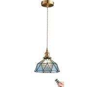 RuuXanthous Luminaires Suspendus Tiffany à Piles avec télécommande, Suspension sans Fil, Lampe Suspendue Non câblée, Lustre décoratif d'intérieur en Verre teinté Bleu pour îlot de Cuisine, sa