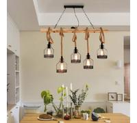 RuuXanthous Suspension Vintage en Bois E27 x 5, Hauteur réglable, avec Corde de Chanvre, Style Industriel rétro, luminaire Suspendu en métal pour Salle à Manger, Bar, Magasin de vêtements (100