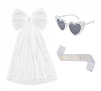 Ruvan Accessoires EVJF Kit pour Future Mariée, Voile JGA avec Double Noeud Perles, Ceinture Bride to Be Lettres Dorées et Lunettes de Soleil Coeur, Décoration de Fête de Mariage Photographie