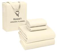 RUVANTI Parure de lit 4 pièces en Flanelle Bio pour lit Double, 100% Coton, brossée Double, Poche Profonde de 40,6 cm, Respirante, Extra Douce, Chaude et Confortable, pour Toutes Les Saisons, Blanc