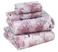 RUVANTI Parure de lit 4 pièces Respirante et Durable, en 100% Coton, avec 1 Drap Plat, 1 Drap-Housse à Bonnets Profonds de 40,6 cm et 2 taies d’Oreiller, pour lit Deux Places, Motif Floral Lilas