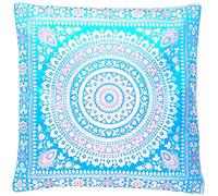 Ruwado Housse de coussin en soie bleue et bleu foncé - Housse de coussin décorative - 40 cm x 40 cm - Tissée à la main et fabriquée à la main par des artisans indiens