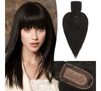 RUWISS Coiffeuse en cheveux humains avec franges Coiffeuse à couronne Postiches pour femmes perruque courte 7.5 * 13CM Base en soie 100% de vrais cheveux humains Clip in Topper 25cm 35g（Naturel Noir）