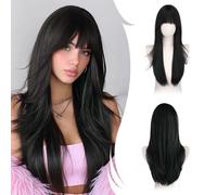 RUWISS Perruque pour Femmes Longue avec Frange, 65cm Naturelle Layered Perruques Raccord Visage Cheveux Synthétiques Naturels Résistantes pour Usage - Noir Mélangé Vert