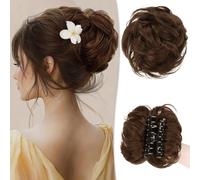 RUWISS Pinces à Cheveux Claw Clips en Chignon Désordonné Pièce de Cheveux 100% Cheveux Humains Ondulés Bouclés Extension de Chignon Chouchou de Vrais Cheveux Humains avec Pince pour Femmes Brun