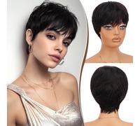 RUWISS Pixie Cut Perruque Cheveux Humains Naturels à Court Ondulé Différents Styles de Perruques Courtes pour Femmes Noirs (1B#)