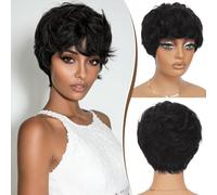 RUWISS Pixie Cut Perruque Cheveux pour Femmes Humains Naturels à Court avec Frange Historique Noires Perruques Courtes Noirs (1B#)
