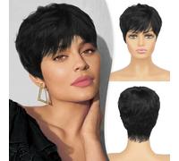 RUWISS Pixie Cut Perruque de Humain Cheveux avec Frange Perruque de Humain Cheveux Naturels Noirs à Court Historique Ondulé Différents Styles de Perruques Courtes pour Femmes Noires
