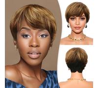 RUWISS Pixie Cut Perruques pour femmes noires Pixie Cut Perruques de cheveux humains Short Layered Perruque Upper Brown&Blond Mixed Bas Naturel Noir Short Perruque de cheveux humains