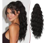 RUWISS Ponytail Cheveux Naturel Afro avec Pince - Extension Queue de Cheval Afro Ondulée pour Femme 50cm Claw Clip Postiches Cheveux Naturel Bouclés Synthétiques, Noir Brun