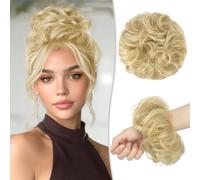 RUWISS Postiche Chignon Cheveux Naturel, Chouchou Cheveux Humain Faux Chignon Bouclés Ondulés Human Hair Messy Bun pour Femmes (Blond Naturel)