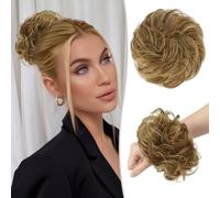 RUWISS Postiche Chignon Cheveux Naturel, Chouchou Cheveux Humain Faux Chignon Bouclés Ondulés Human Hair Messy Bun pour Femmes (Chocolat Brun Clair Reflets Blond Doré Clair)