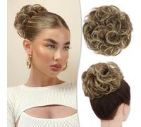 RUWISS Postiche Chignon Cheveux Naturel, Chouchou Cheveux Humain Faux Chignon Bouclés Ondulés Human Hair Messy Bun pour Femmes (Brun Mélangé Blond Clair)