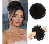RUWISS Postiche Désordonné 100% Cheveux Humains Rose Chignon pour Femmes Cheveux Humains Scrunchies Chignon Bouclé Bun Extension Ponytail Désordonné Petit Pain(Naturel Noir)