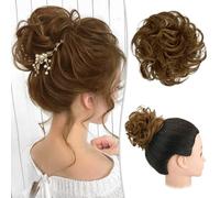 RUWISS Postiche Désordonné 100% Cheveux Humains Rose Chignon pour Femmes Cheveux Humains Scrunchies Chignon Bouclé Bun Extension Ponytail Désordonné Petit Pain(Marron clair)