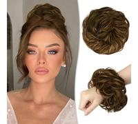 RUWISS Postiche Désordonné 100% Cheveux Humains Rose Chignon pour Femmes Cheveux Humains Scrunchies Chignon Bouclé Bun Extension Désordonné Petit Pain（Châtain Doré avec des Reflets Blond Doré Clair）