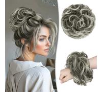 RUWISS Postiche Désordonné 100% Cheveux Humains Rose Chignon pour Femmes Cheveux Humains Scrunchies Chignon Bouclé Bun Extension Désordonné Petit Pain（Noir Mixte Gris et Pointes Blondes Platine）