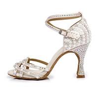 RUYBOZRY Chaussures de Danse Femmes Latine Salsa Tango Valse Bachata Moderne Chaussures Danse De Salon avec des Strass,Beige-L379-7.5,EU37