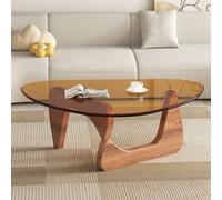 RUYICZB Table Basse Triangulaire en Verre Style Milieu du Siècle, Tables Basses Modernes en Verre pour Salon, Tables Centrales avec Base Bois pour Bureau, Hôtel, Balcon,Walnut Tea,91cm