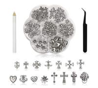 Ruzister® 75pcs Breloques pour Ongles 3D Croix en Métal Chromé Argent Charme pour Nail Art avec Coeurs Gothiques Rétro Punk Crânes Manucure Décorations Nail Art