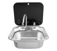 RV - Évier de camping - RV - Pour camping-car, caravane ou bateau - Lavabo à main en acier inoxydable avec robinet d'eau chaude et froide - Couvercle pour camping-car, camping-car - 41 x 36,5 x 16 cm